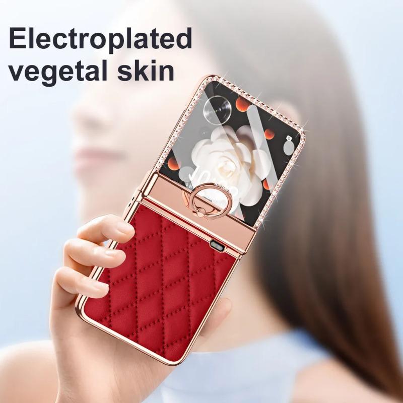 Чехол-держатель для кольца из гальванизированной кожи для Honor Magic V Flip, роскошная защитная крышка для линз с бриллиантами для Honor MagicV Flip LRA-AN00