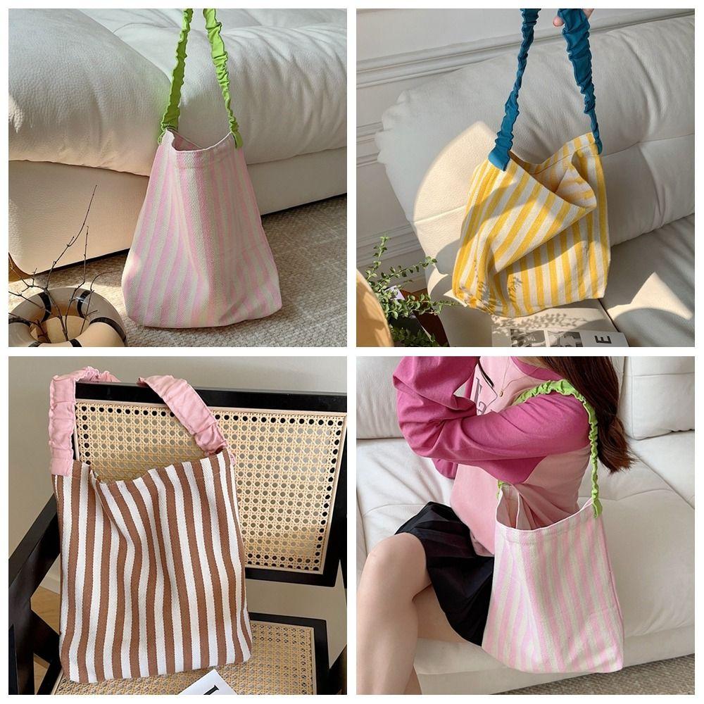 Large Capacity Stripe Canvas Bag Pleated Shoulder Strap Cloth Shoulder Bag Cute Tote Bag  Women