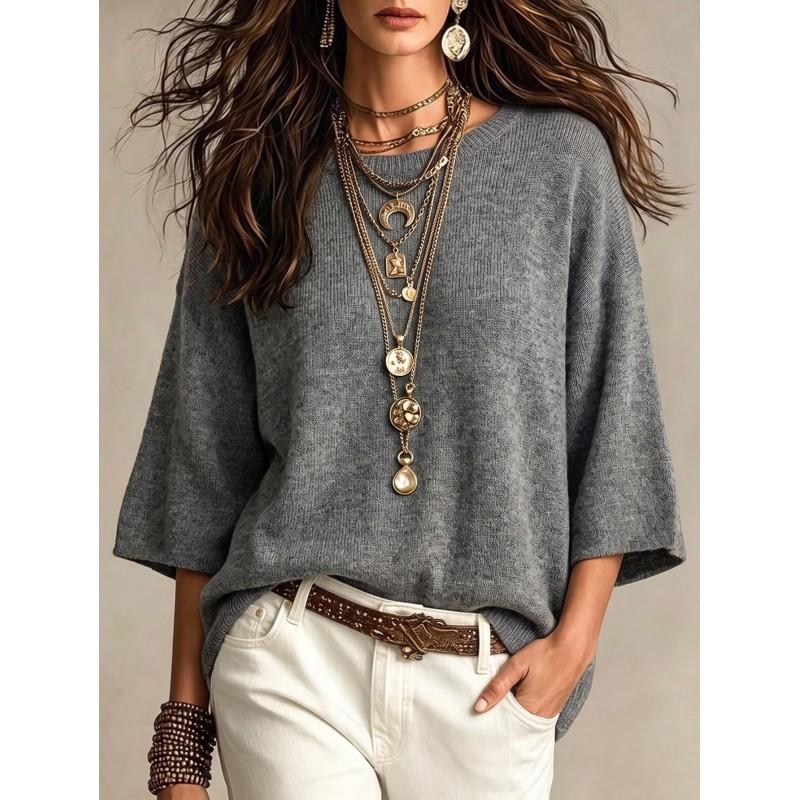 2026 Fall Womens Solid Knit Sweater Loose Oversized Sleeve Round Neck Casual Outerwear