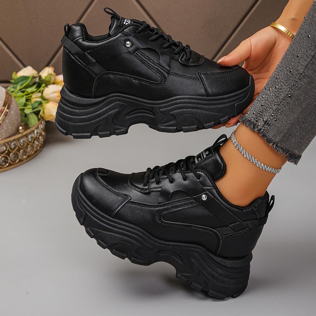 Мода Женская мода Белые кроссовки на платформе Толстая подошва Нескользящая спортивная обувь для женщин На шнуровке Увеличение роста Массивные кроссовки 35-42