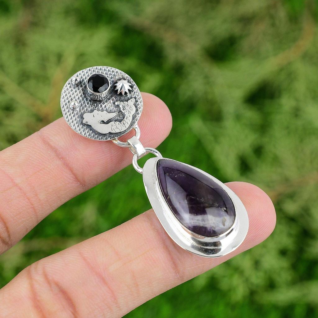 Pear Natural Chevron Amethyst Black Onyx 925 Sterling Silver Mermaid New Pendant