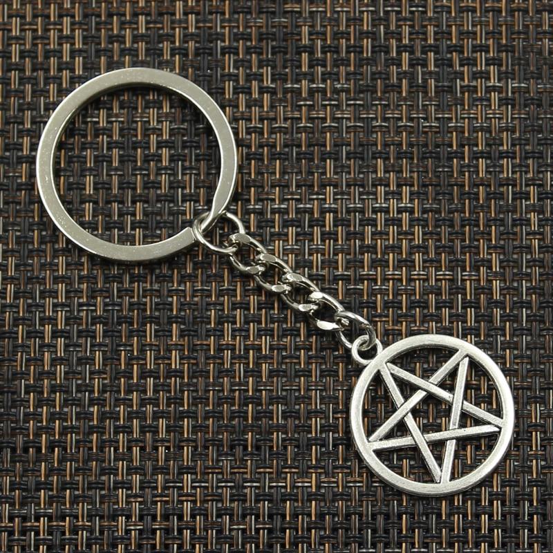 Fashion 30mm Key Ring Metal Key Chain Keychain Jewelry Antique Silver Color Plated Star Pentagram 24x24mm Pendant
