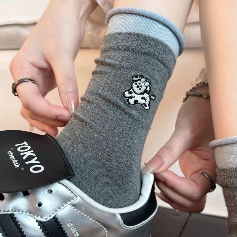 Embroidered Animal Socks Women's Spring and Autumn Cotton Tube Socks Tide Internet Celebrity Stockings Women's Summer Thin