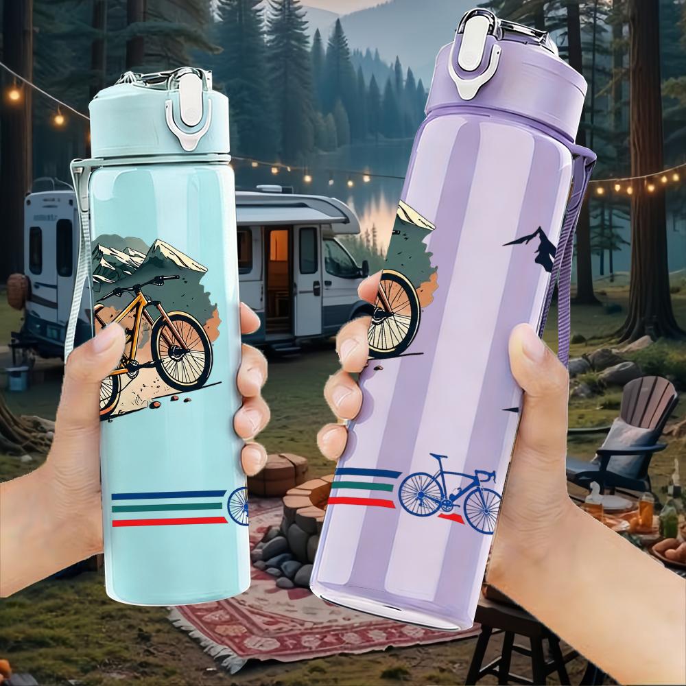 1PC Bike Mountain Bird Silhouette Layout 750ml Color Plastic Water Bottle Leakproof Flip Straw Lid For Sports Office Home Use