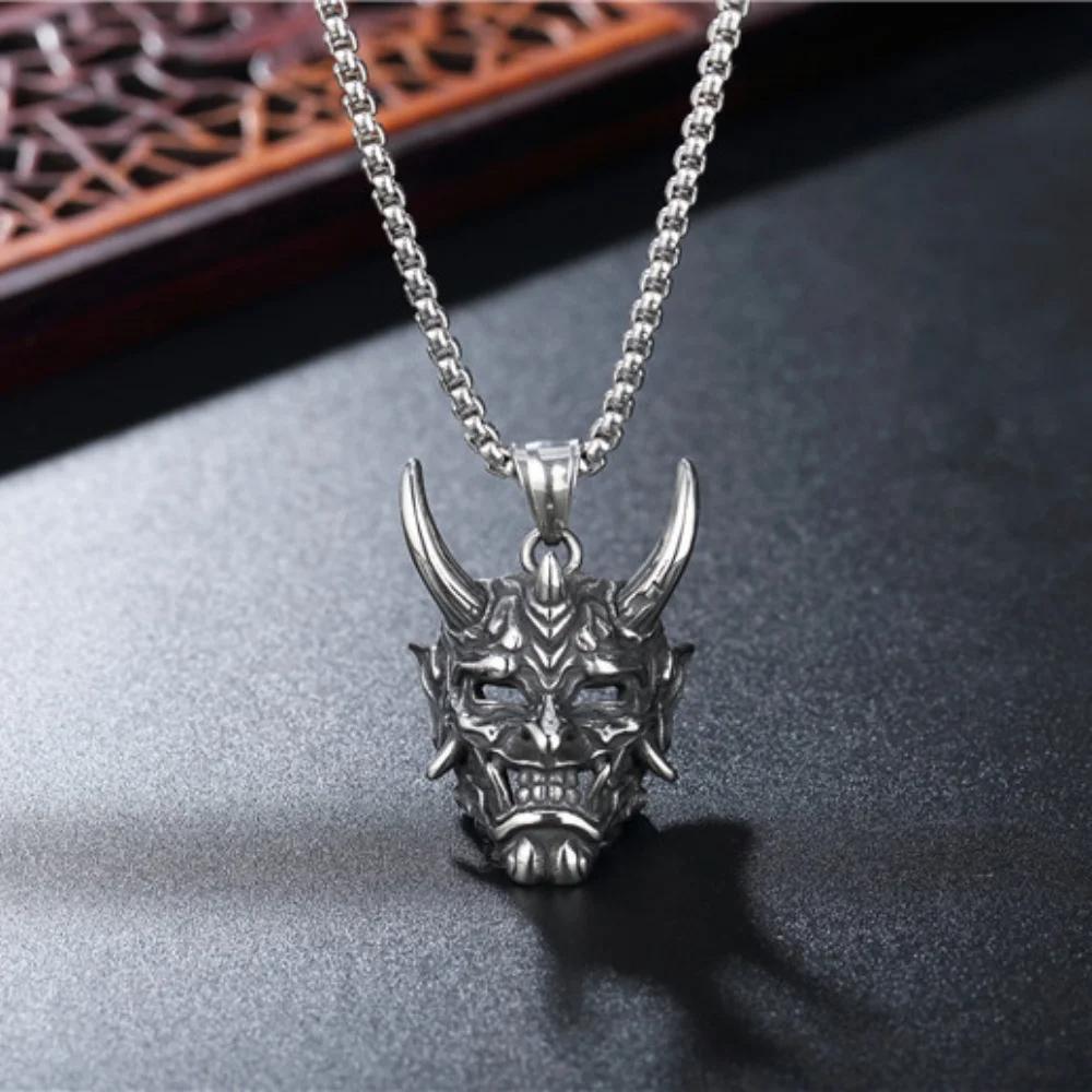 Vintage Japanese Demon Devil Mask Ghost Pendant Necklace Chain Unisex Men Women Fashion Gothic Amulet Talisman Jewelry Party Gift