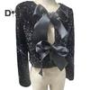 Women Sequin Jacket Big Bow Decor Loose Round Neck Long Sleeves Solid Color Cardigan Coat Short Type Outerwear for Dating Commuting Club Party