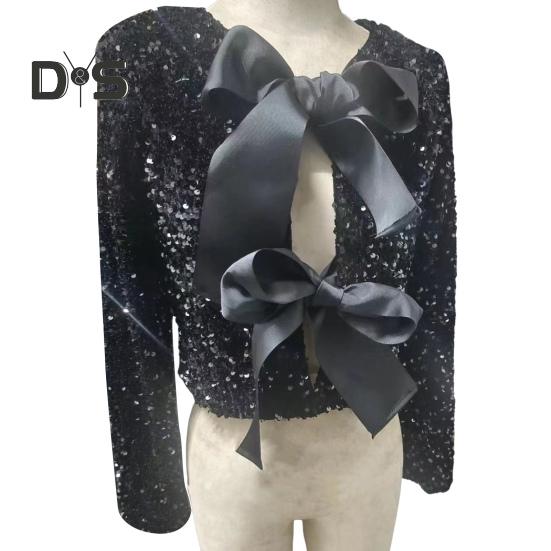 Women Sequin Jacket Big Bow Decor Loose Round Neck Long Sleeves Solid Color Cardigan Coat Short Type Outerwear for Dating Commuting Club Party