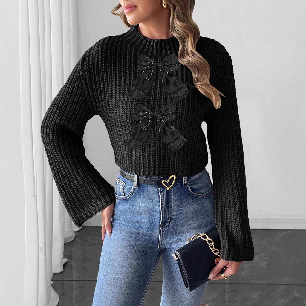 Short Crop Top Sweater with Bow Tie and Flared Sleeves, Semi-high Neck Pullover Sweater for Women
