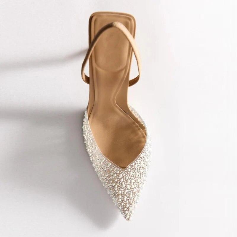 Women's Pointed Head High Heeled Sandals Summer 2024 Sexy Woman Shoes Fashion Pearl Decoration Slingback Woman Pumps
