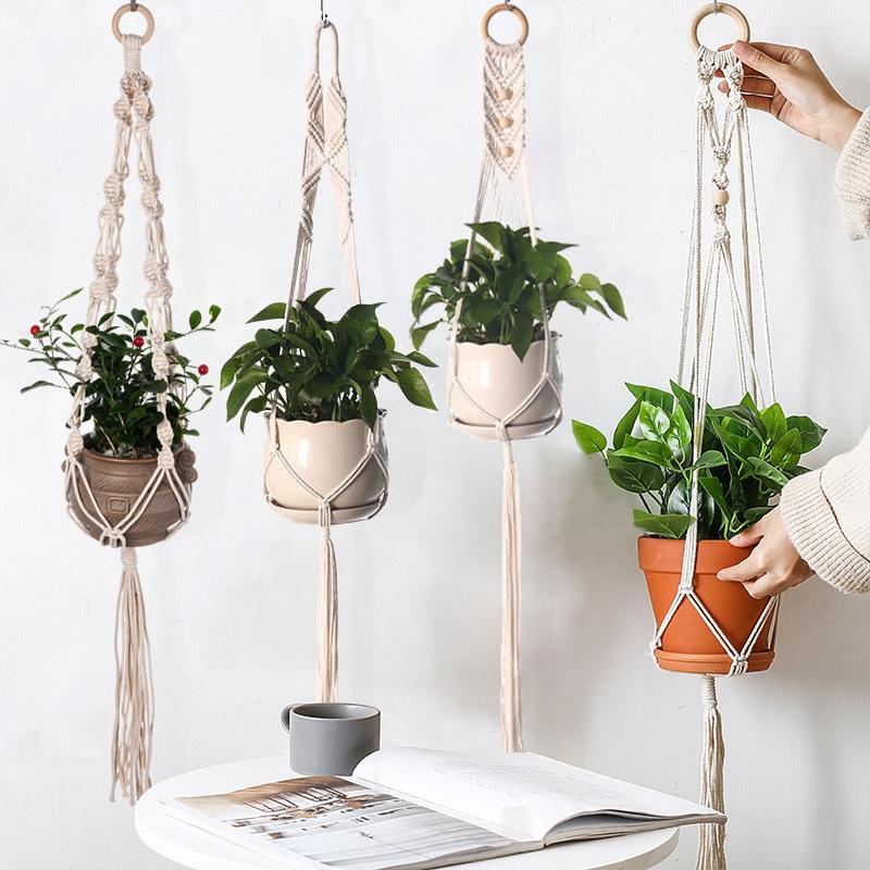 Macrame Hanging Baskets Woven Cotton Handmade Flower Basket Wall Plant Hanger Pot Indoor Bonsai Balcony Knotted Lifting Rope
