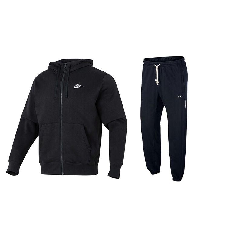 Nike Однотонный свободный флисовый свитшот с капюшоном и длинные брюки со средней талией, повседневный спортивный комплект для мужчин, черный цвет BV2646-010+CK6366-010