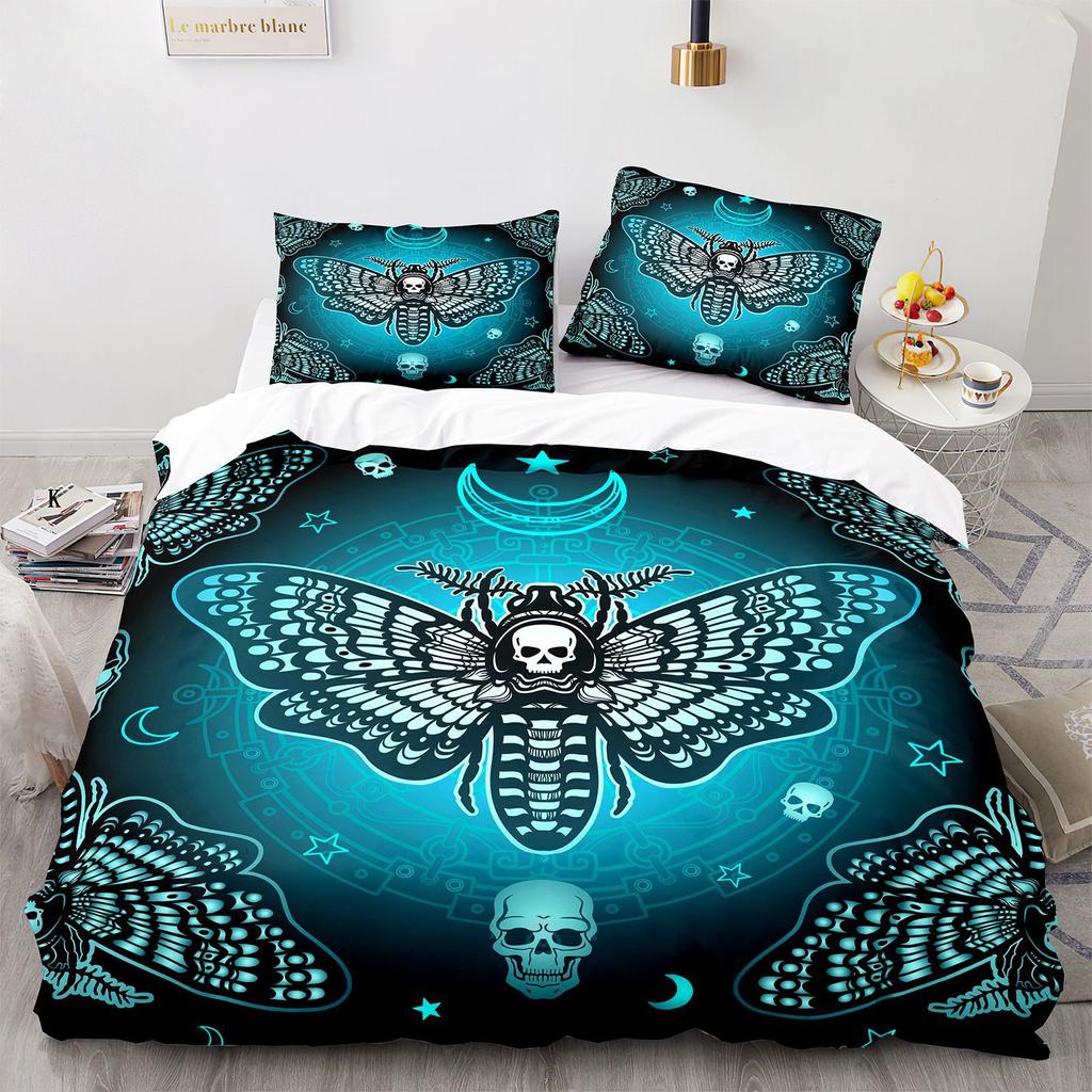 Комплект постельного белья Death Moth Queen Size Gothic Skull Boho, черно-белый декоративный мягкий комплект постельного белья с изображением скелета