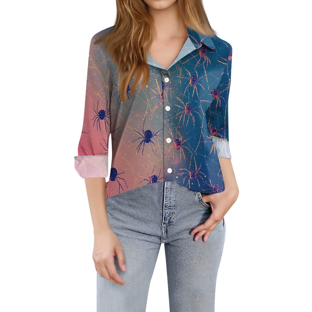 Женская рубашка-блузка с принтом и пуговицами, длинный рукав, повседневный базовый рубашечный воротник, обычный топ