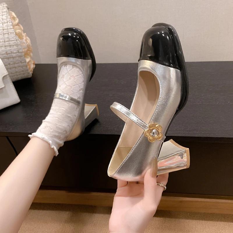 Fashion Women 6cm High Heels Cute Cinderella Pumps Female Flower Metal Buckle Strap Block High Heels Lady Elegant Mary Jane Shoes