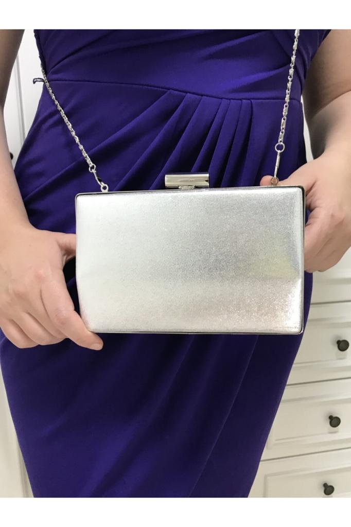 Women's Stylish and Useful Evening Dress Bag Silver Color Plaster Patterned Evening Dress Portfolio Clutch Women's Bag Handheld and Long Strap Usage