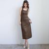 Women Bottoming Dress Round Neck Loose Solid Color Stretchy Backless Sleeveless Suspender Long Dress Home Daily Wear Bedroom Mid