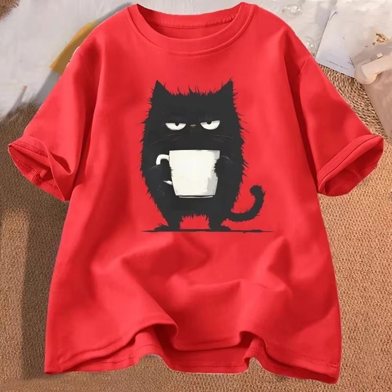 Смешная черная кошка Кофе Футболка Уставшая кошка Футболка Унисекс Графическая Милая Любитель кошек Одежда Одежда Харадзюку Рукав Эстетичная одежда