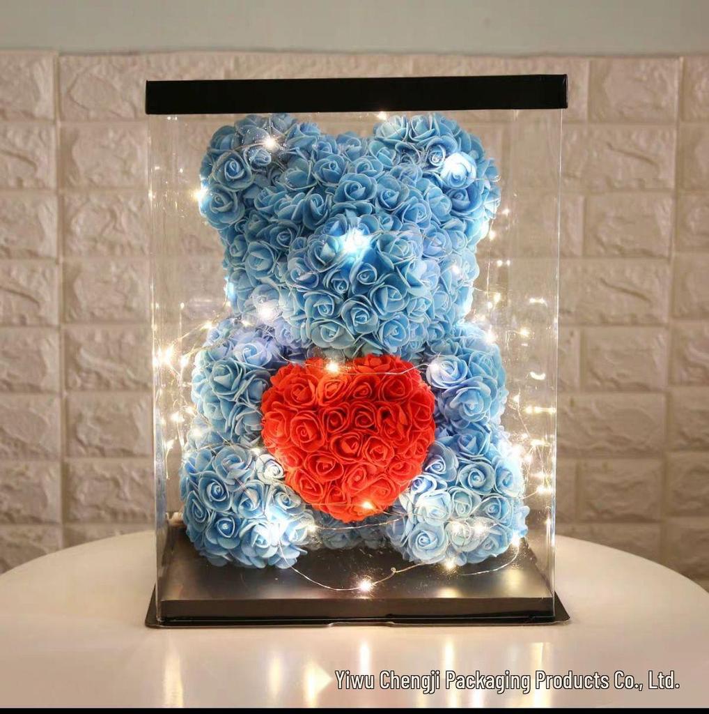Подарочная коробка с ароматизированным мишкой из роз на заказ - Прозрачная упаковка, Доступна в размерах 12/14/16 дюймов, Идеально подходит для Рождества
