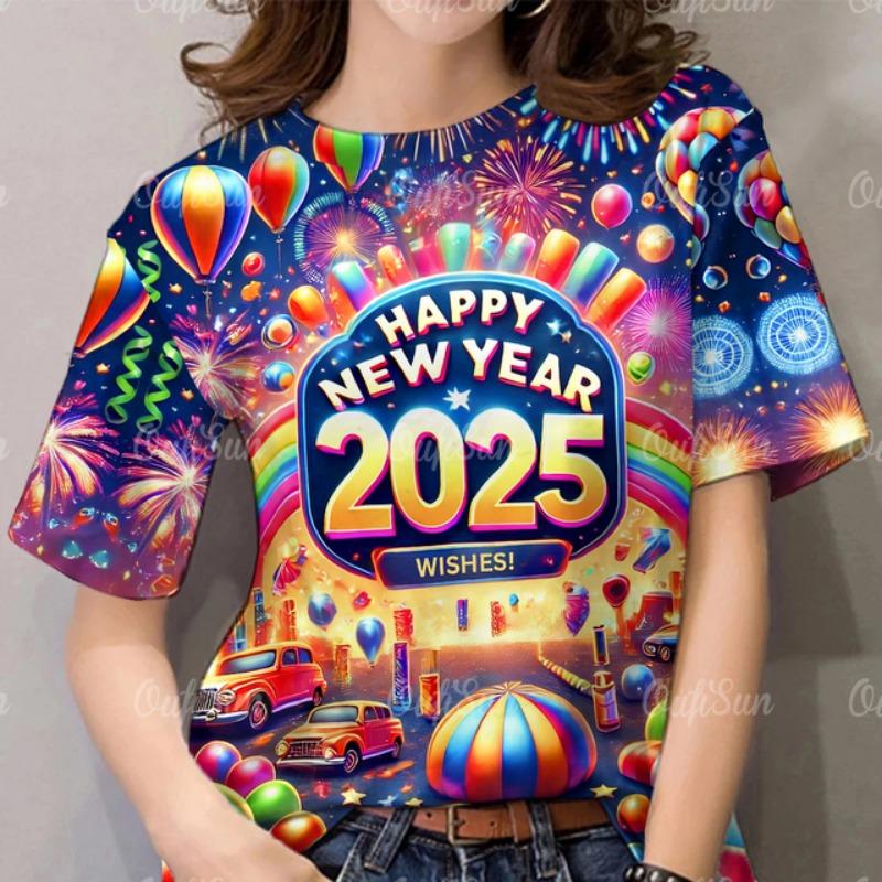 2025 Новый год женская футболка мода круглый вырез короткий рукав одежда для женщин летние красочные повседневные топы повседневный пуловер