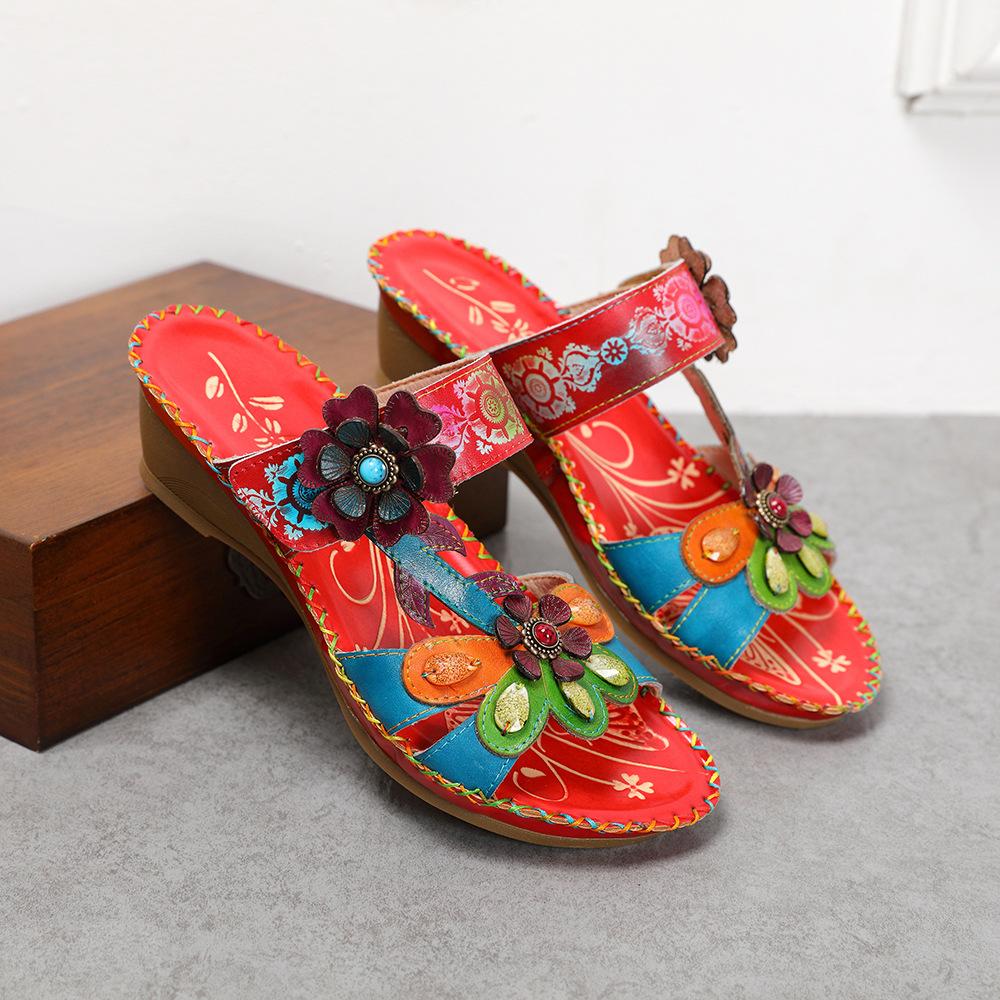 Johnature Тапочки, женская обувь, летние шлепанцы из натуральной кожи с ручной росписью, лаконичные женские тапочки ручной работы