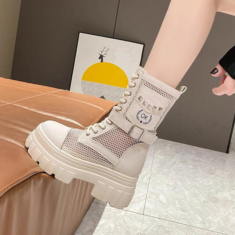 Модные женские осенне-летние ботинки 2024 года, модные дышащие сетчатые кроссовки, высокие ботильоны на платформе для женщин, уличные ботинки на шнуровке, массивная обувь