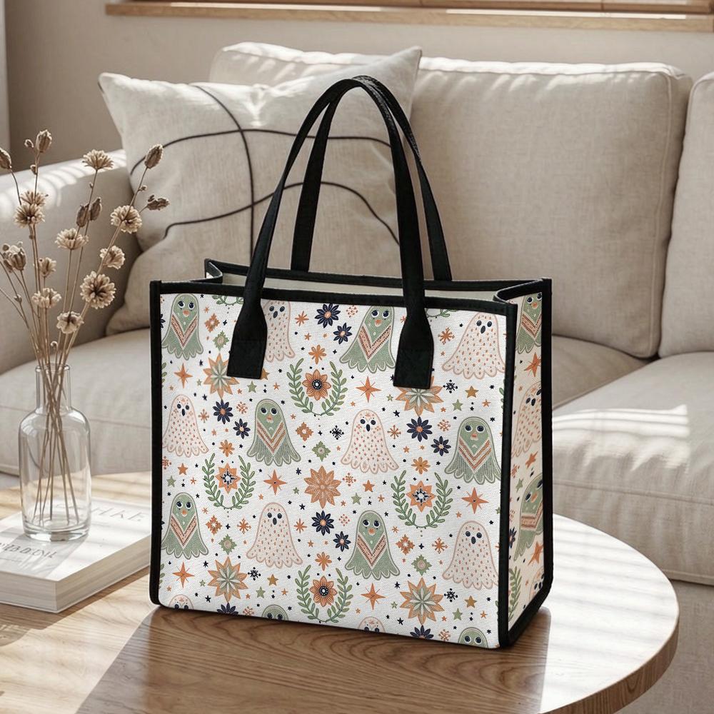 Cute Ghost Floral Printed Canvas Tote Bag Casual Large Capacity Portable Daily Shopping Handbag