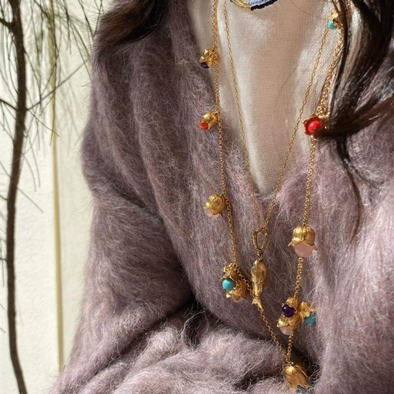 High-End Exquisite Light Luxury Heavy Industry Creates Bluebell Inlaid With Colorful Gemstones Long Thick Chain Necklace Earrings