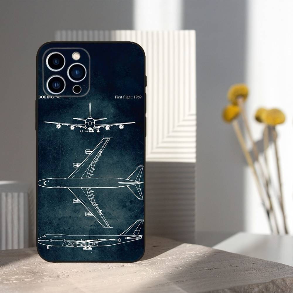 Blueprints Art Aircraft For iPhone 12,14,13,15,8,7,16,11,17,X,Mini,Plus,Pro,XR,SE,XS,Max,Soft Silicone Black Case