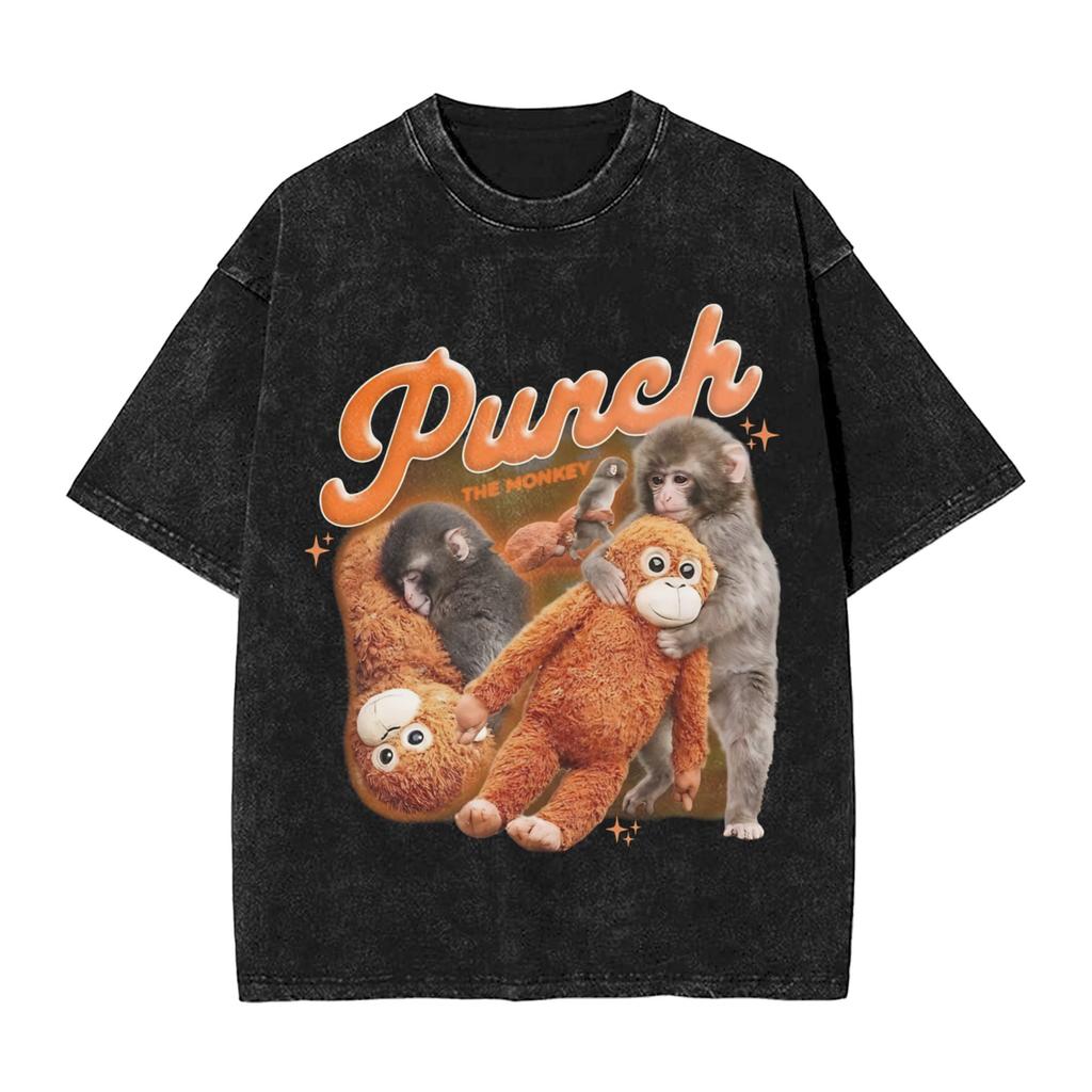 Vintage Washed Tshirt Team Punch Baby Monkey Punch Cotton Tshirts Fashion Tee Shirt Couple Summer Y2k Basic Design Clothes