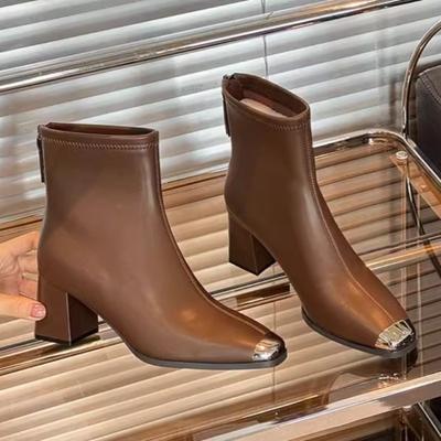 Модные зимние новые туфли на толстом каблуке, женские модные туфли с металлической квадратной головкой, удобные короткие сапоги с застежкой-молнией сзади