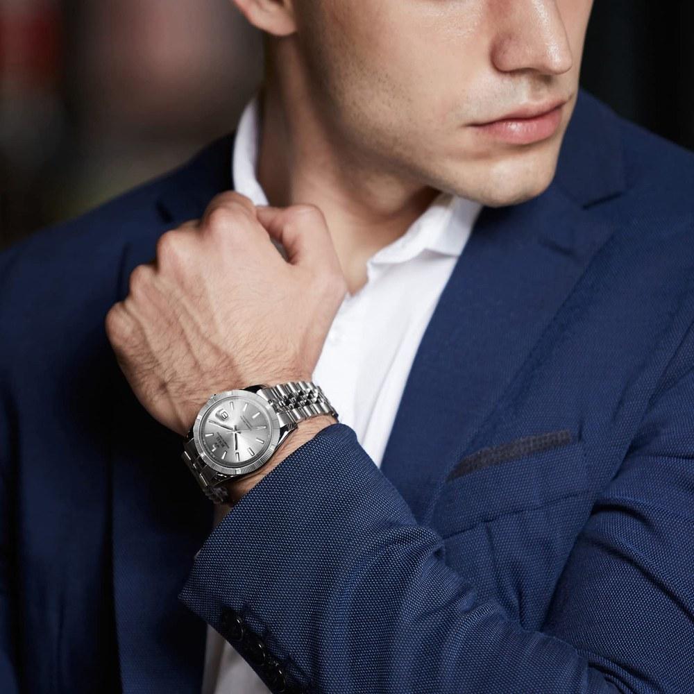 BUREI Men's Waterproof Automatic Watch Japanese Mechanical Movement Business Style Night Glow Silver