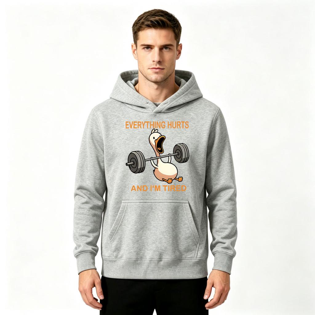 Men's Funny Duck Weight Lifting Print Pullover Hoodie Everything Hurts And I'm Tired Casual Gym Sweatshirt
