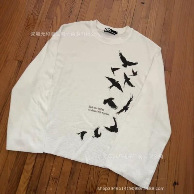 Vintage Heavyweight Waffle Knit Bird Print Long Sleeve Loose Fit Couple Base Top