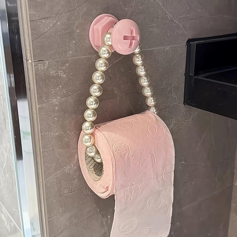 Self-Adhesive Toilet Paper Holder with Beaded Chain, no-drill wall-mounted, space-saving. Pink & yellow, ideal for modern decor and holiday gifts.