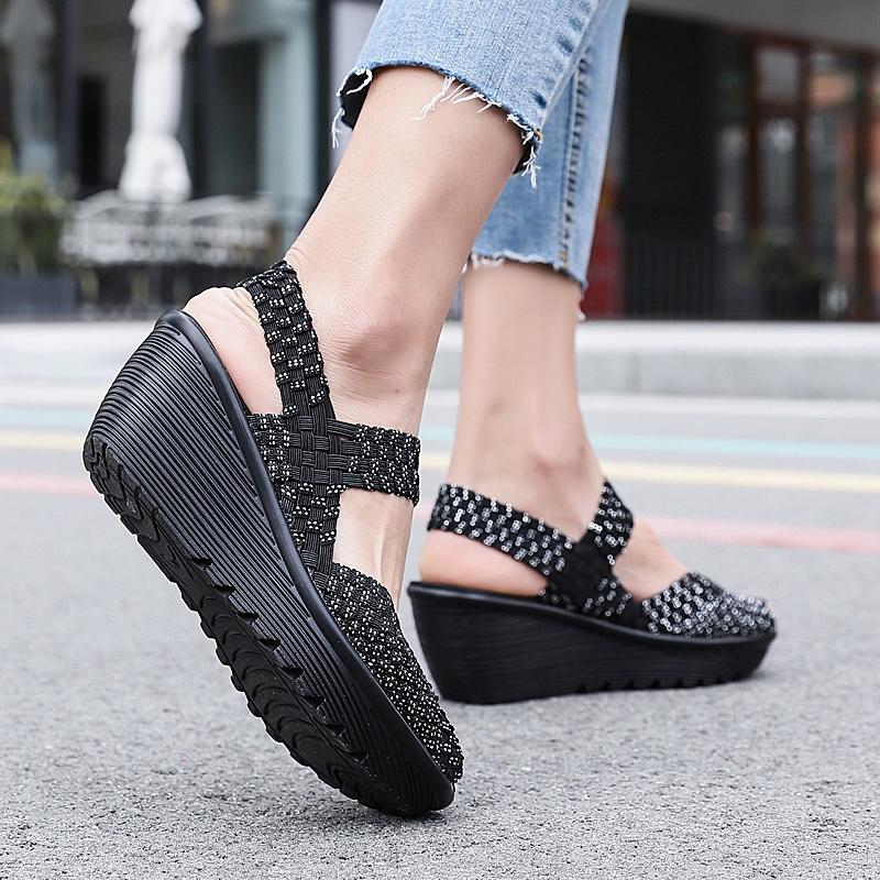 Женские летние сандалии на танкетке, увеличивающие рост, плетеные, пляжные, женские сандалии на танкетке, серые, на платформе, с открытым носком