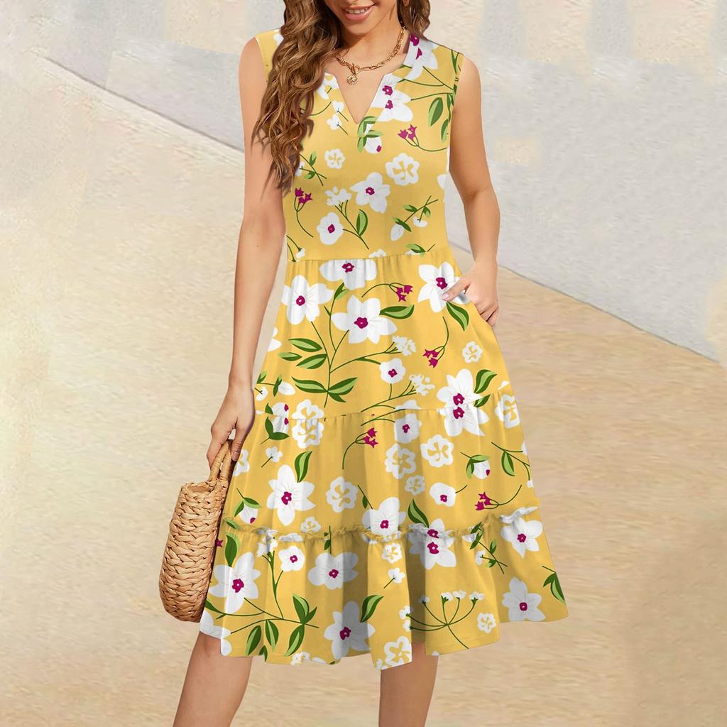 Женские летние повседневные платья без рукавов с V-образным вырезом и плиссированными оборками в винтажном стиле с цветочным принтом