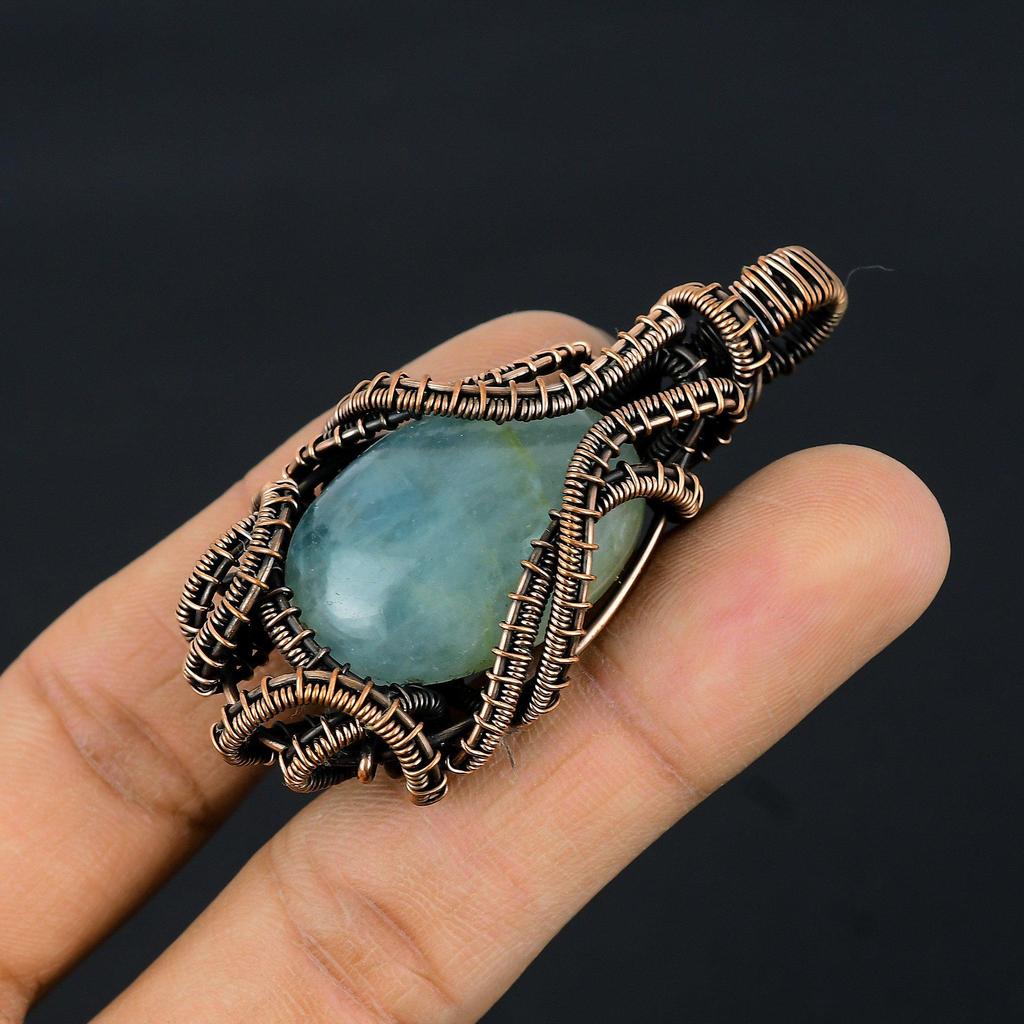 Aquamarine 999 Copper Wire Wrapped Pendant, Handmade Gemstone Pendant Jewelry, Gifts For Wife Brand New Pendant