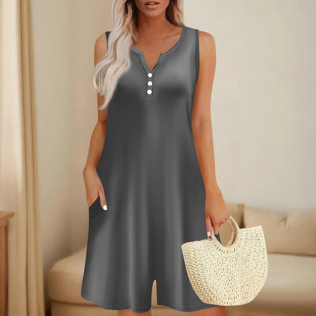 Women's Fashionable And Casual Sleeveless Button-pocket One-piece Shorts