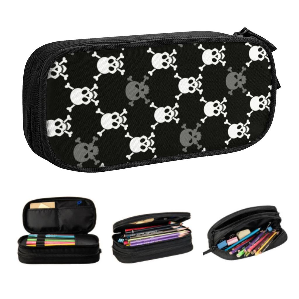 Индивидуальные пеналы с узором из серых и белых черепов для мальчиков и девочек, большой вместимости, готический скелет, пенал-коробка, школьные принадлежности