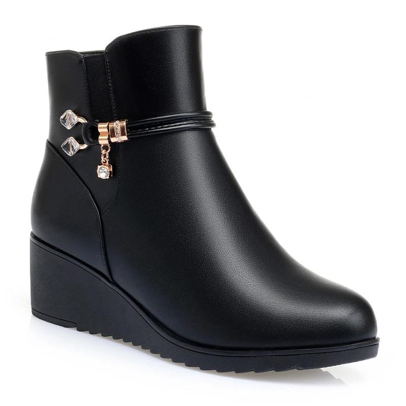 Модные женские сапоги, осенние, черные, с круглым носком, универсальные, на высоком каблуке, зимние, плюшевые, теплые, на молнии, ботильоны для женщин, Botas Mujer