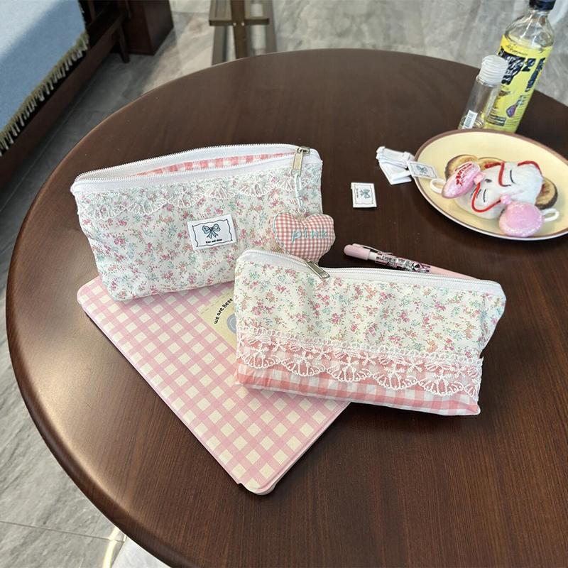 Fresh Lace Floral Design Pen Bag Large Capacity Multifunctional Stationery Bag Pencil Case Students Back To School