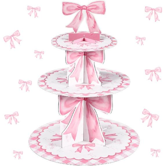 3 Tier Pink Bow Cake Stand Coquette Bow Party Birthday Cake Stand Decorations Pink Dessert Tower for Wedding Garden Birthday Party Supplies