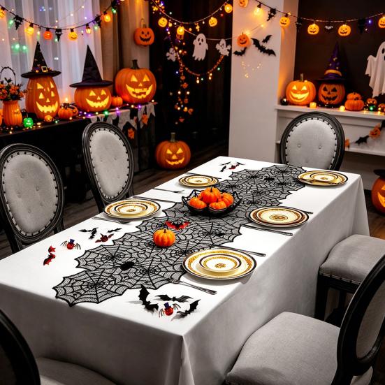 Halloween Table Runner, 18 x 72 Inch Gothic Black Lace Spider Web Table Runner for Kitchen Dinner Table Centerpiece, Halloween Party Decoration