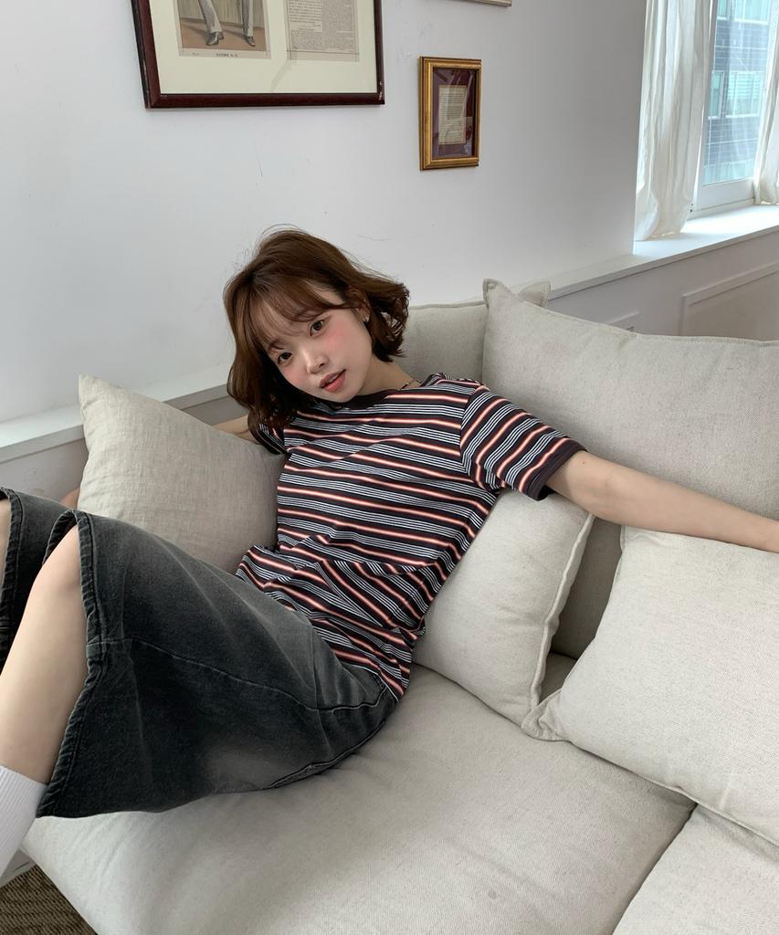 AMOU Amou Multi Stripe Ringer T-Shirts Brown