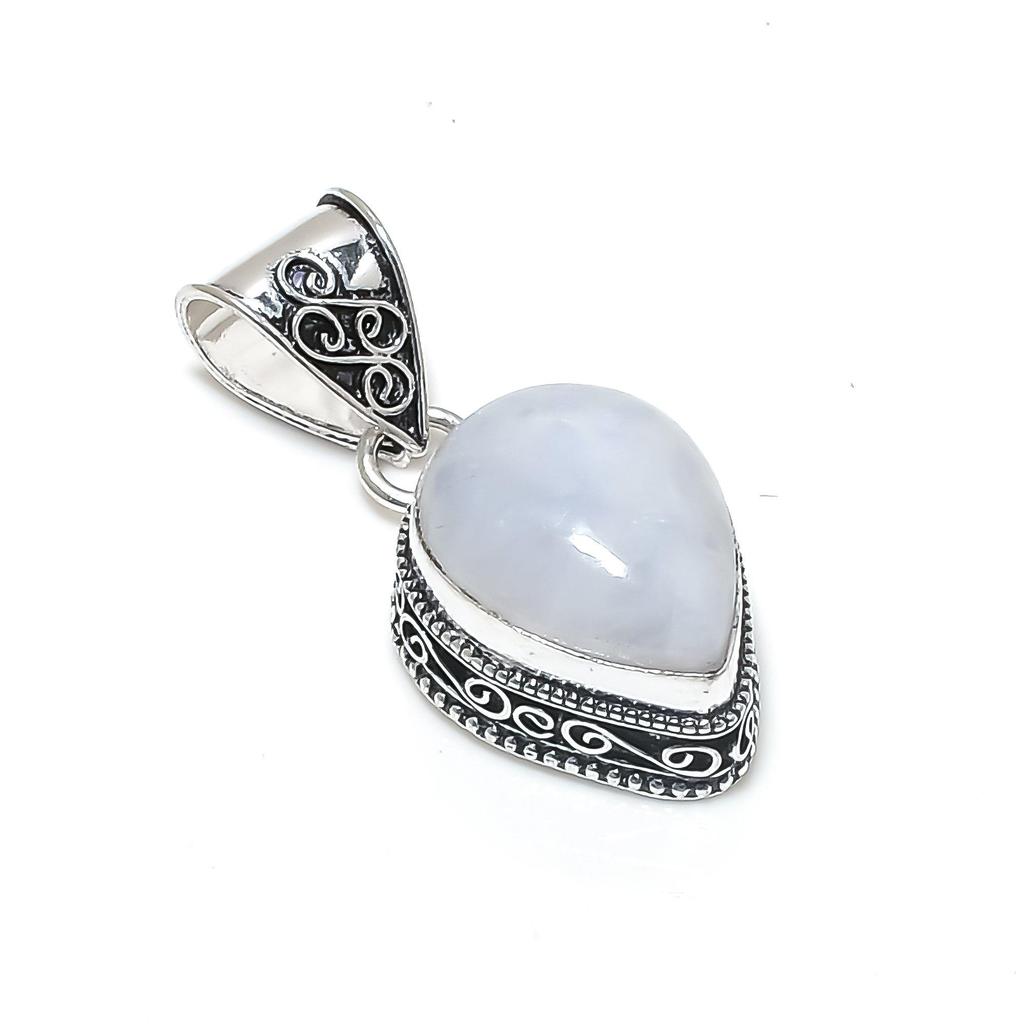 Natural Rainbow Moonstone Silver Pendant In 925 Sterling Silver - Handmade Pear Design, Everyday Wear Jewelry Gift For Her
