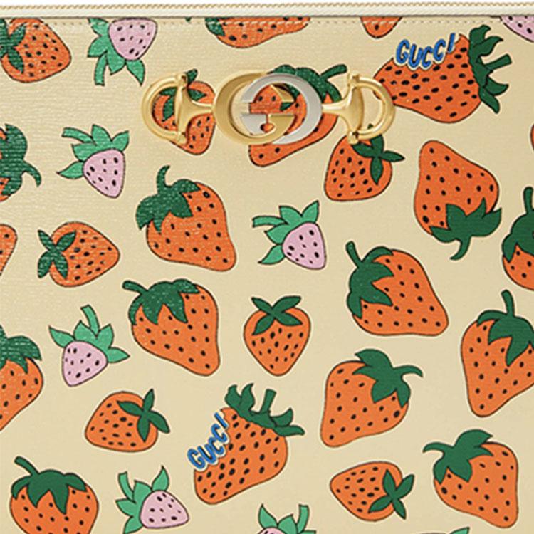 Gucci Zumi Кожаный клатч для документов с принтом клубники на молнии Женский клатч Бежевый Оранжевый 570728-08PAX-9036