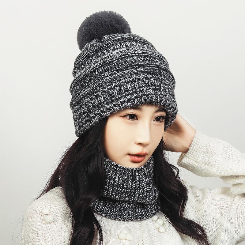 Winter Women's Scarf Knitted Hat Velvet Warm Ball Wool Hat Windproof Neck Protection Hat Scarf Two-Piece Set