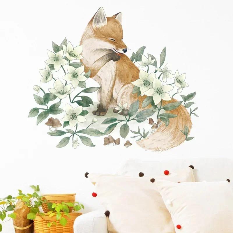Wall Decoration Sticker 3d Fox Flower Bedroom Self Adhesive Home Decor Living Room Cartoon Animal Wall Art Decals Accessories
