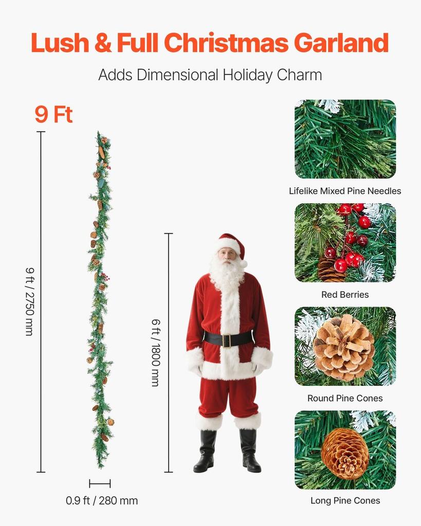 Christmas Garland, 2750mm Artificial Christmas Garland with Light String, Faux Greenery Decoration with Berry Clusters, Pine Needles, Pine Cones,