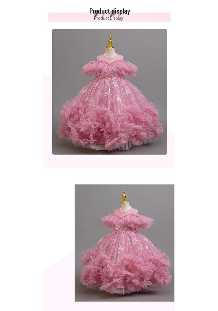 Girls' One-Shoulder Princess Dress with Mesh Puff Skirt – Formal Flower Girl Birthday Dance Costume